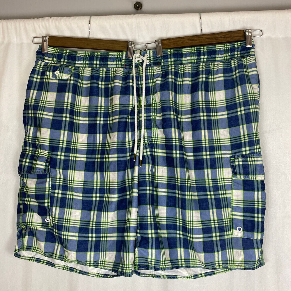 Foundry Supply Co Cargo Swim Trunks Surf Shorts Sz 3X Blue Green Plaid READ*